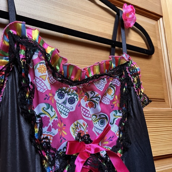 Valentines Day Womens Pink Skull Ribbon Lace Dress Size Medium Witchy Whimsygoth - Picture 10 of 12